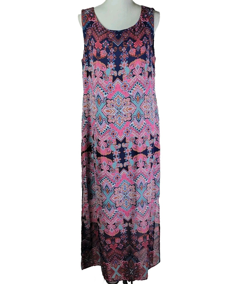 Connected Apparel Womens Dress Maxi Lined Tank Shift Pink Navy Aqua Sheer  Damask | eBay