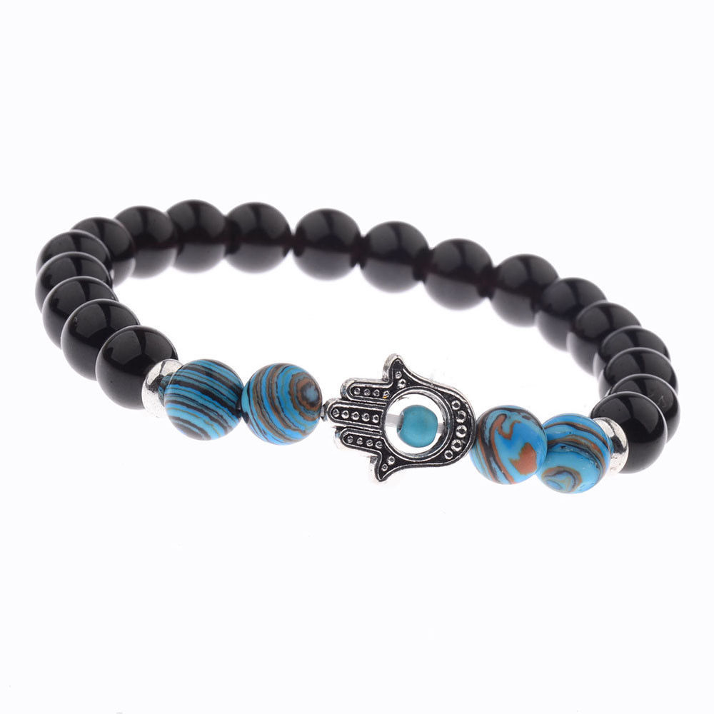 4 Bracciali Elastici Con Occhio Turco E Mano Di Fatima: Perline Blu Portafortuna 8-10mm, Regalo Protezione Unisex