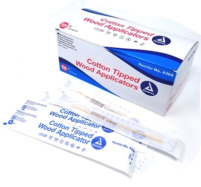 DYNAREX Piercing Cotton Tipped Applicators 6'' Wooden Swab Stick Box of 100