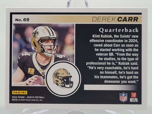 2024 ZENITH DEREK CARR BASE FOOTBALL CARD SAINTS NFL 69 panini - Picture 2 of 2