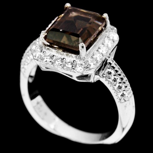 925 STERLING SILVER NATURAL SMOKY QUARTZ 10X8 MM. & WHITE CZ RING SIZE 8.5 - Picture 2 of 6