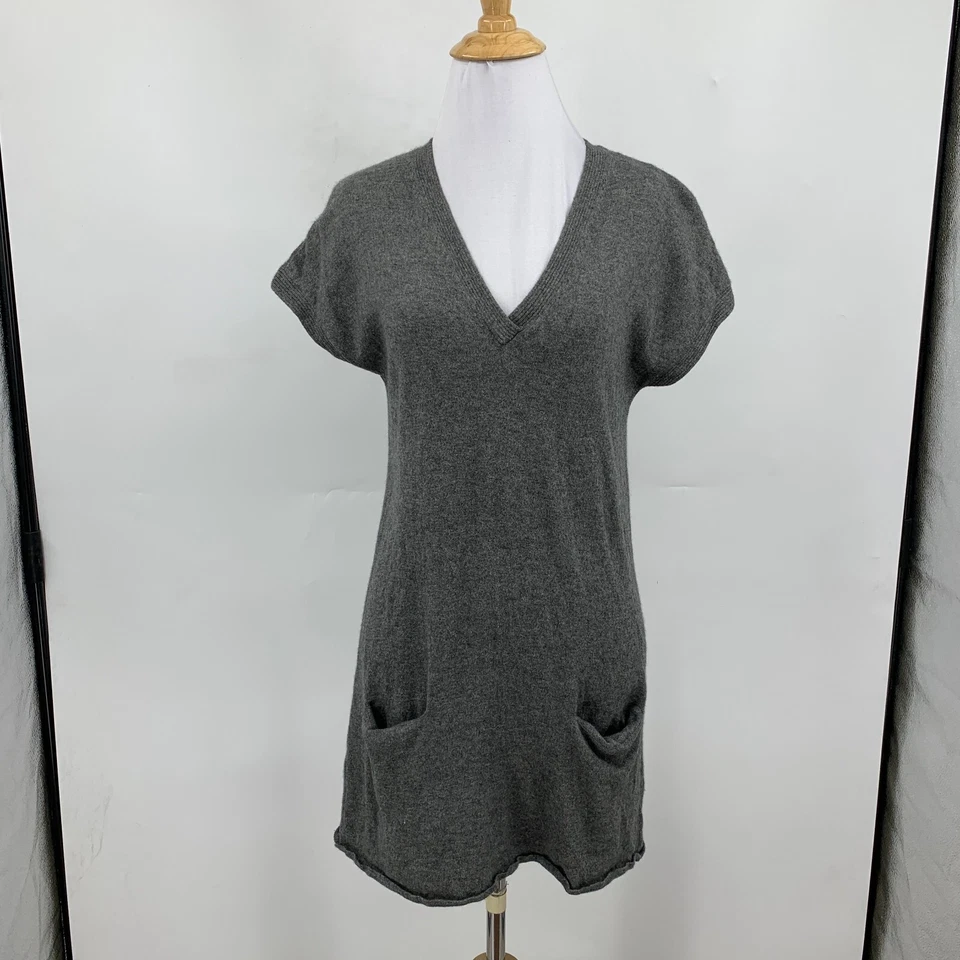 Vestido Suéter Vince Mujer S Pequeño Gris Cachemir Tejido Manga Corta Túnica Bolsillo Foto 2 de 4