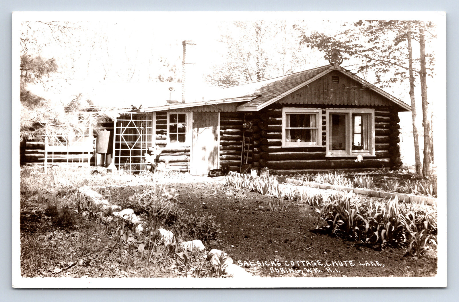 Vintage RPPC Suring WI Salsick's Cottage Chute Lake Pond School Bell