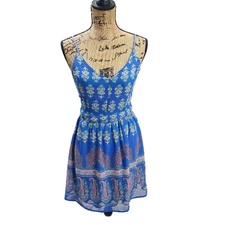 SAGE Spaghetti Strap Backless Blue Floral Short V- neck Mini Sundress Women's S