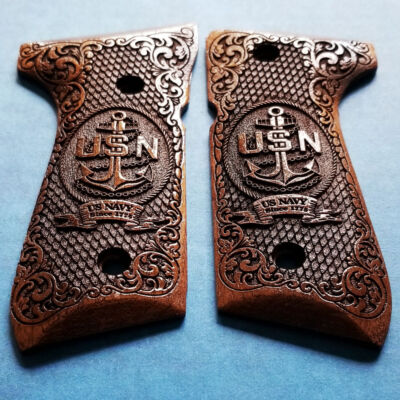 Beretta 92 92FS 96 Custom 3d Engraved Ivory Scrimshaw Grips Trident Checkered