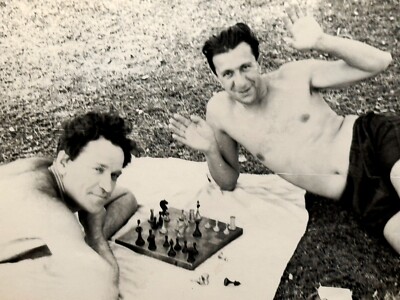 Gay Interest Beefcake Vintage Photo 1960s Two Shirtless Men Hands Up Beach B&W