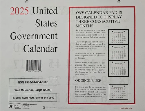 UNICOR 2025 US GOVERNMENT WALL CALENDAR NSN 7510-01-664-9508 (Jan to Dec)