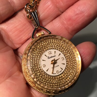 Vtg Eastman De Lux Watch PendantSwiss Made Wind Up Original Chain Rotating Face