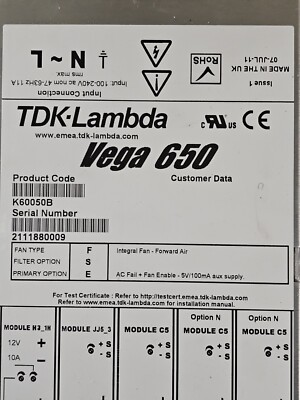TDK Lambda Vega 650 K60050B Power Supply w/ H3_1H 12V 5V, JJ5_3