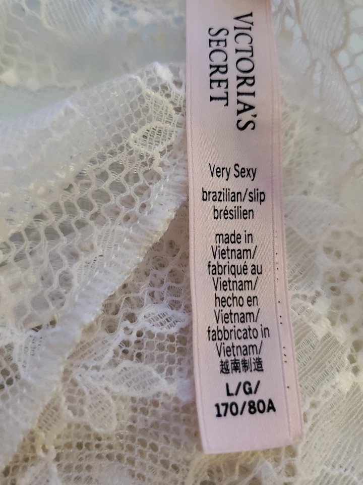 90's VICTORIA'S SECRET Bikini Brazilian Panty WHITE LACE CRYSTALS Double Strap L - Image 4 of 4