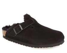 Birkenstock Boston Womens Suede Shearling Clogs Mules Black Size 40, US 9 Narrow
