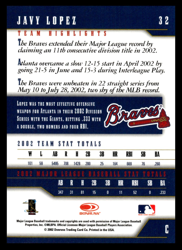 2003 Donruss Team Heroes Javy Lopez #32 Atlanta Braves MLB Baseball Base Set - Image 2 of 2