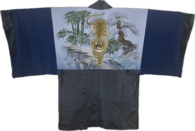 Herren Premium Seide Japanische Haori Jacke, Handbemalt Tiger Landschaft, Handarbeit