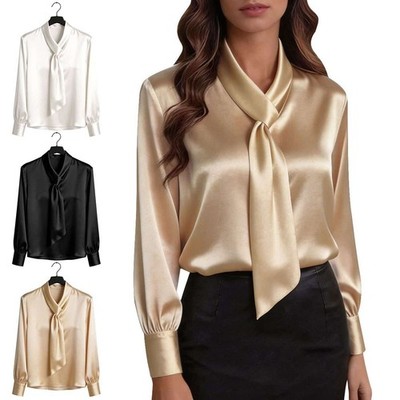 Elegant Satin Tie Neck Blouse Women Long Sleeve Office Work Silky Casual Shirt