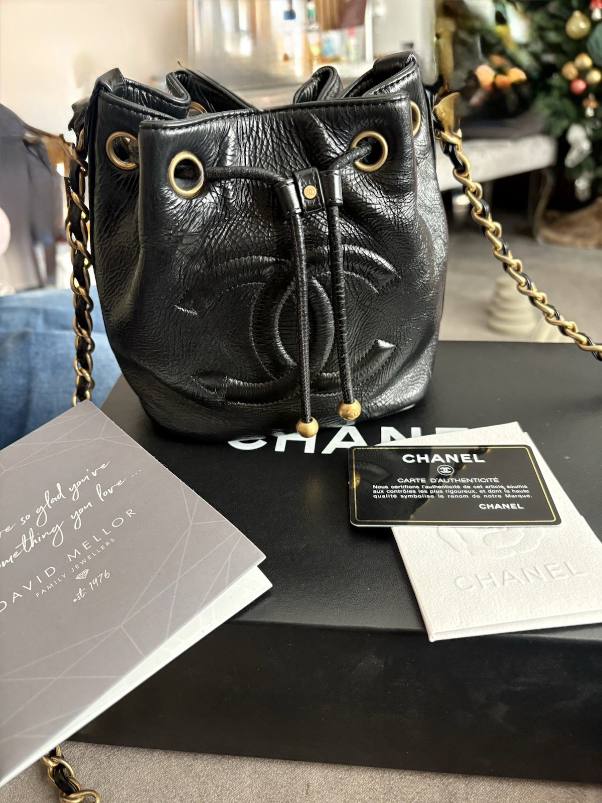 Chanel aged Leather Gabriella Bucket Bag Drawstring Black Genuine  