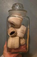 Antique 11" Tiffin Dakota Square Clear Glass Apothecary Candy Jar w Tatting Ball