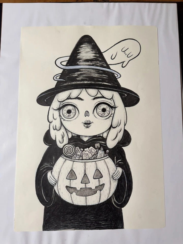 Mumbot Dibujo Original "Dulces de Truco o Trato de Rubí" Arte/Bruja de Halloween Foto 4 de 4