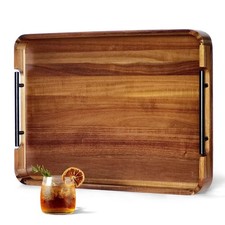 22 x 15.7 Inches Acacia Wood Serving Tray with Metal Handles, Large Rectangul...