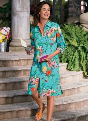 #ad #ad Soft Surroundings Tunic Shirt Dress Size 3X Turquoise Floral Butterfly Cotton $34.99