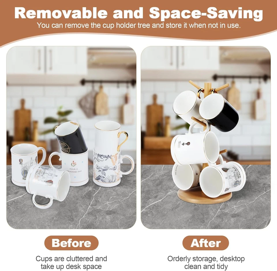 Bamboo Mug Holder, 6 Hooks Coffee Mug Holders Tree, Decorative Mug Racks Counter - Image 3 of 4