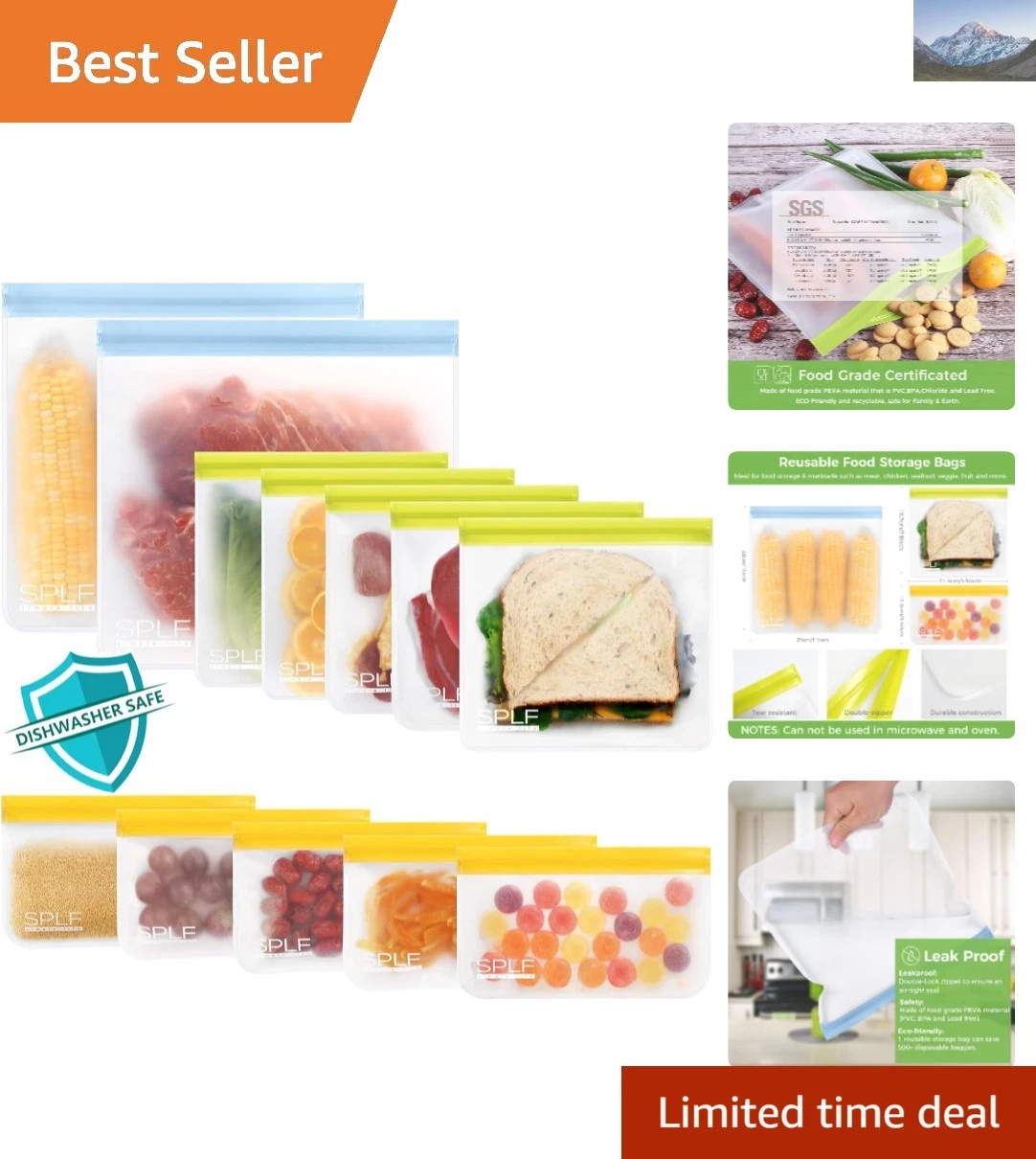 12 Pack Dishwasher Safe Reusable Food Storage Bags - Eco-Friendly & Leakproof