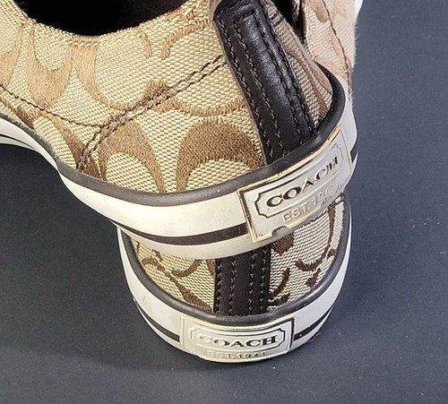 Coach Signature C Sneakers Size 6.5 B Summer Textile Khaki Chestnut Slip On - Picture 5 of 12