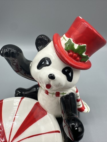 Fitz & Floyd Christmas Panda Bear Tealight Trinket Tray Hand painted Japan - Picture 2 of 9