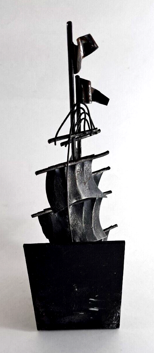 Vintage Metal Ship Bookend Black Nautical Sails 11.5" Schooner Sailing