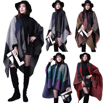 MEIWO Femmes Hiver R/éversible Taille Libre Couverture Poncho Cape Plaid Motif Wrap Ch/âle Ray/é Cardigans