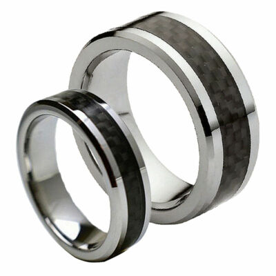 Free Engraving Tungsten Carbide Black Carbon Fiber Wedding Band Ring Set 
