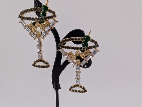 Gold Tone Large Multicolor Glass Rhinestone Cocktail Drink Pierced Earrings - Picture 3 of 9