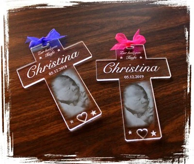 COLLAGEN MIT HERZ 1 Kreuz Acrylglas Foto + Text Gravur - Geschenk Taufe Kommunion Konfirmation