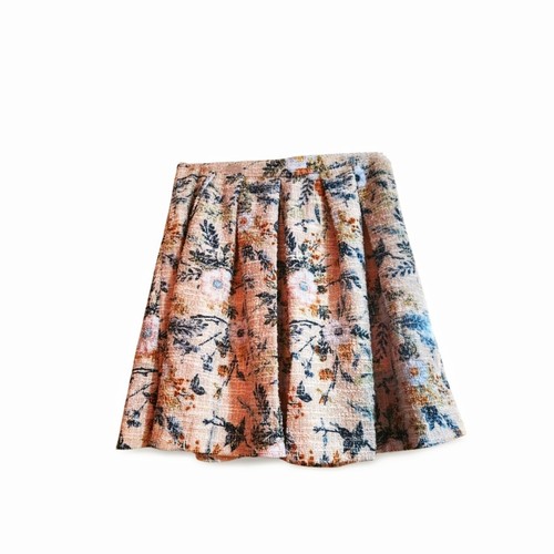 Womens Sky Beige & Blue Floral Embroidered Knee Length Light Ruffle Skirt New