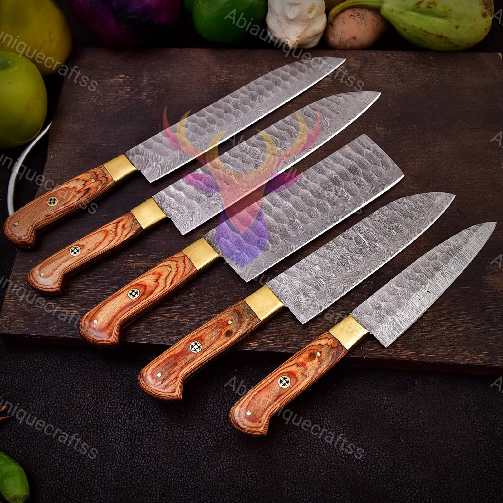 5PCS Damascus Chef Knife Set – Professional Handmade Kitchen Cutlery Gift