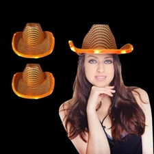 Party Glowz LED Flashing Orange Cowboy Hat With Sequins Pack Of 10