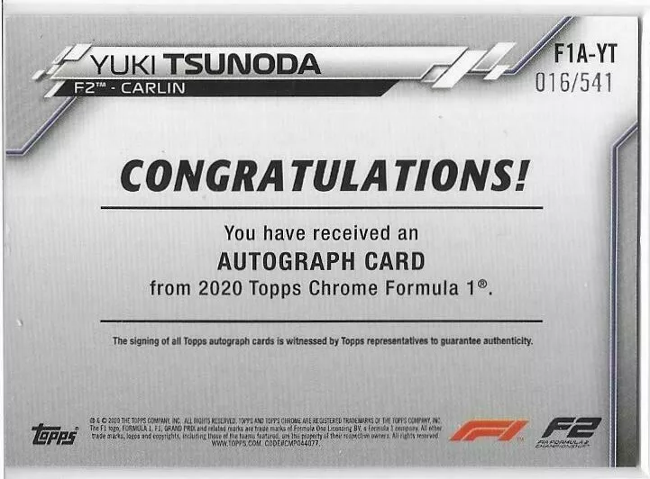 2020 Topps Chrome Formula 1 F1 YUKI TSUNODA RC AUTOGRAPH Refractor