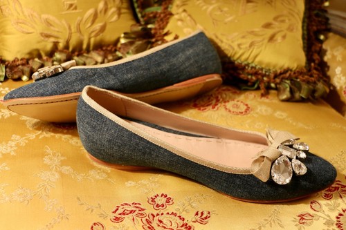 MIU MIU NEW JEWELLED, DENIM BALLET FLATS WITH BEIGE GROSGRAIN BOWS SIZE 38.5 EU - 第 5/6 張圖片