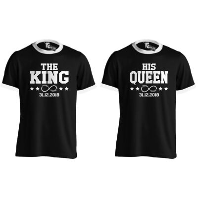 The King His Queen T-Shirt mit Datum infinity mit Namen Pärchen Geschenk im Set