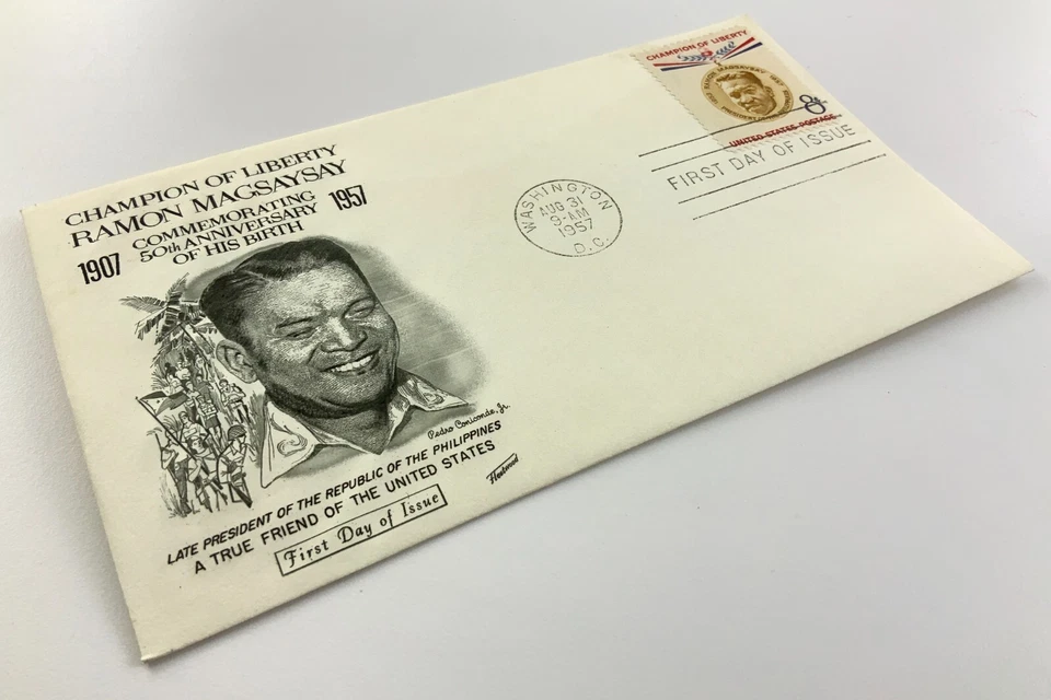 Ramon Magsaysay 50th Anniversary Philippines USA Fleetwood FDC 1957 EE077 - Image 2 of 4