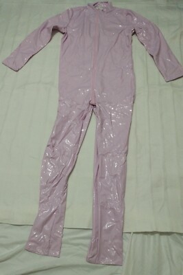 New women pink gloss shiny pvc faux leather 2 way zip catsuit jumpsuit size 18