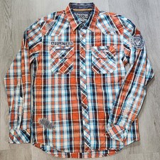 AFFLICTION Black Premium Shirt Men Sz Large Orange Plaid Blue Slim Fit Western