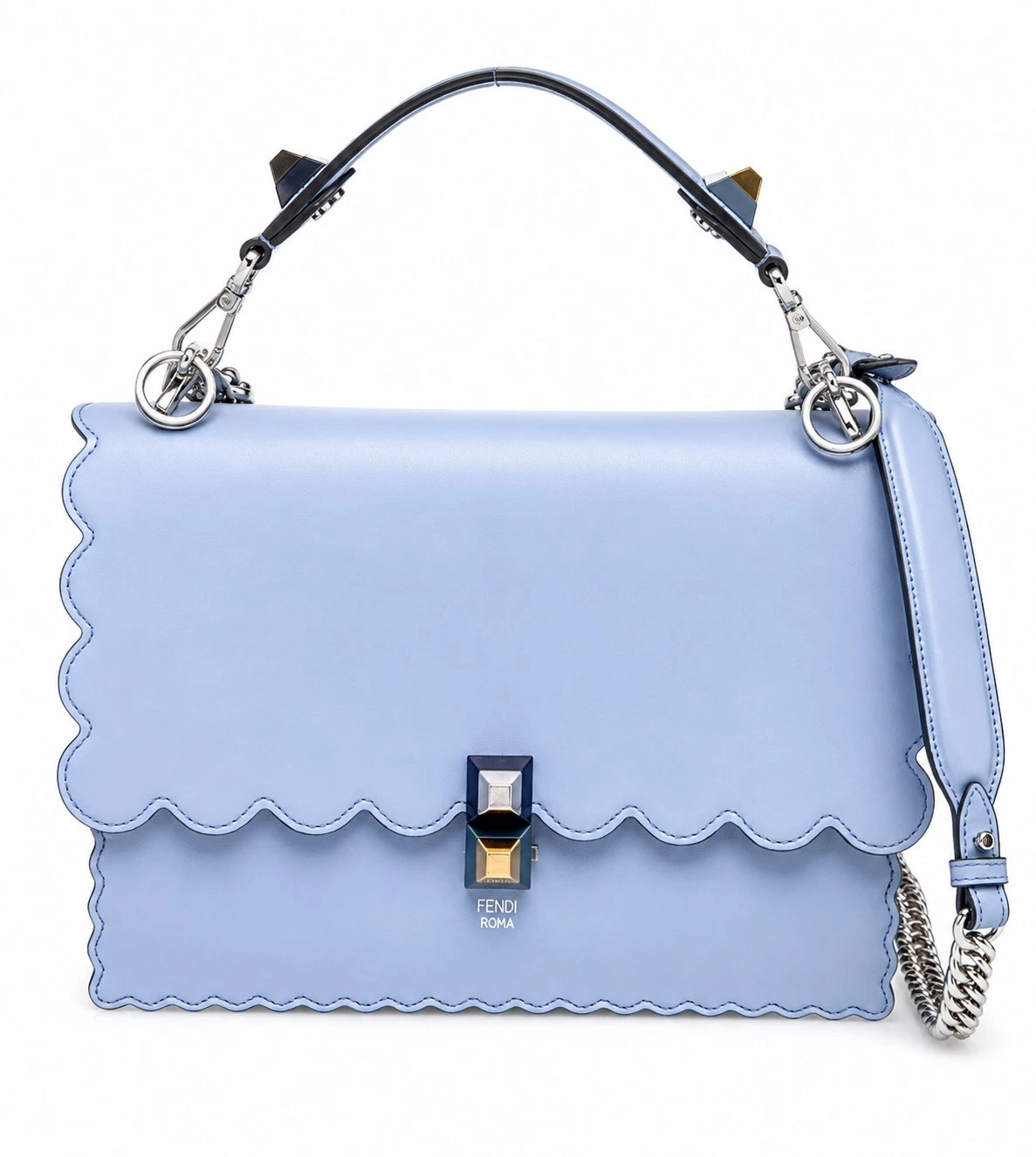 Fendi — Fendi Kan I Scalloped Leather Shoulder Bag Blue Sky Silver Chain 8BT283