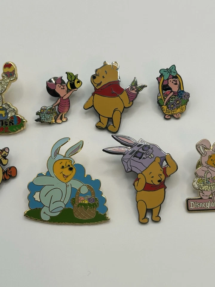 Juego de 8 prendedores Disney Pin Winnie The Pooh Lechón de Pascua Tigger Bunny Cesta Huevos Foto 3 de 4