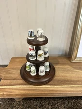 Vintage Tripar Wooden Thimble Display 3-Tier Stand Mid-Century W/ 15 Thimbles