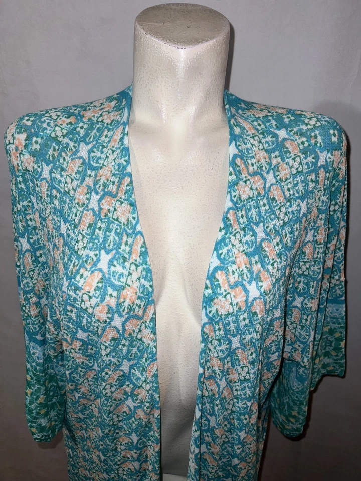 Suéter CHICO'S Talla XL (3) Azul Verde Azulejo Rayas Abierto Largo Cárdigan Plumero Foto 2 de 4