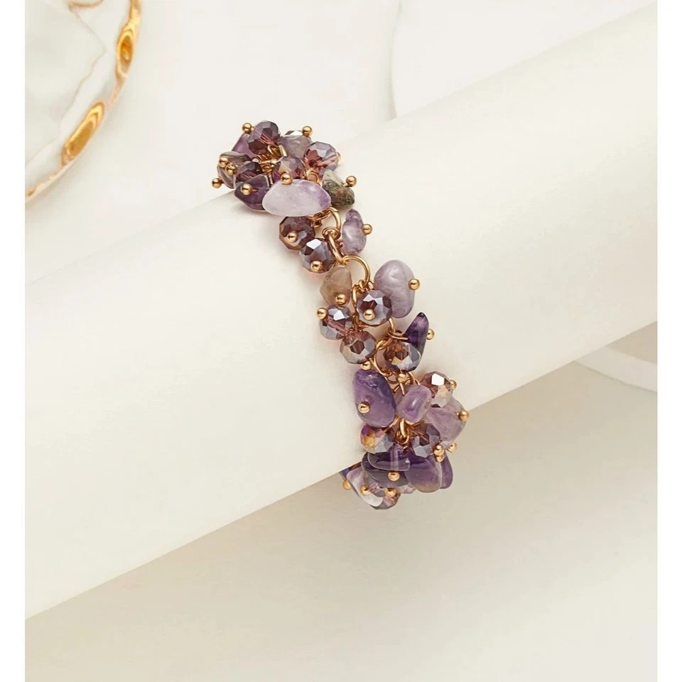 Brazalete Borla Multi Piedras Preciosas Amatista Púrpura Ajustable Cristales Asimétricos Dorado Foto 2 de 4