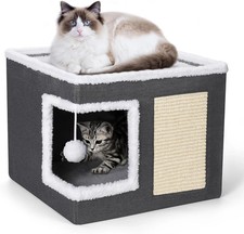 Cat Bed for Indoor Cats, Large Covered Cat House with Scratch Pad, Foldable Cat