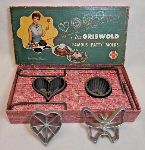 Vintage Griswold Cast Iron Patty Molds Set 2 w/ Box & 2 Extra Bonley? Shapes