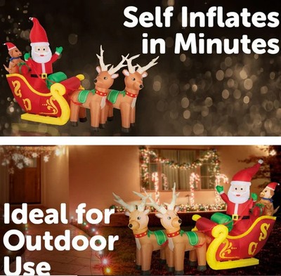 Xmas Christmas Arlec Festive Inflatable Low V 2.1M Santa Reindeer & Sleigh