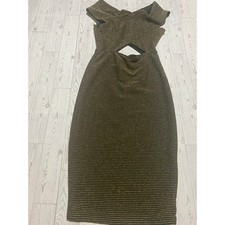 Alt.B Black Gold Metallic Bodycon Dress Cutout Front Cocktail Party Midi
